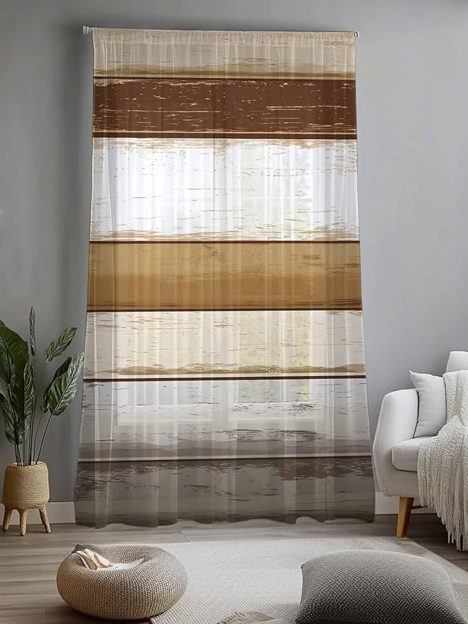 Sheer Curtains 96 Inches Long, Vintage Country Geometric Striped Privacy Voile - Image 2