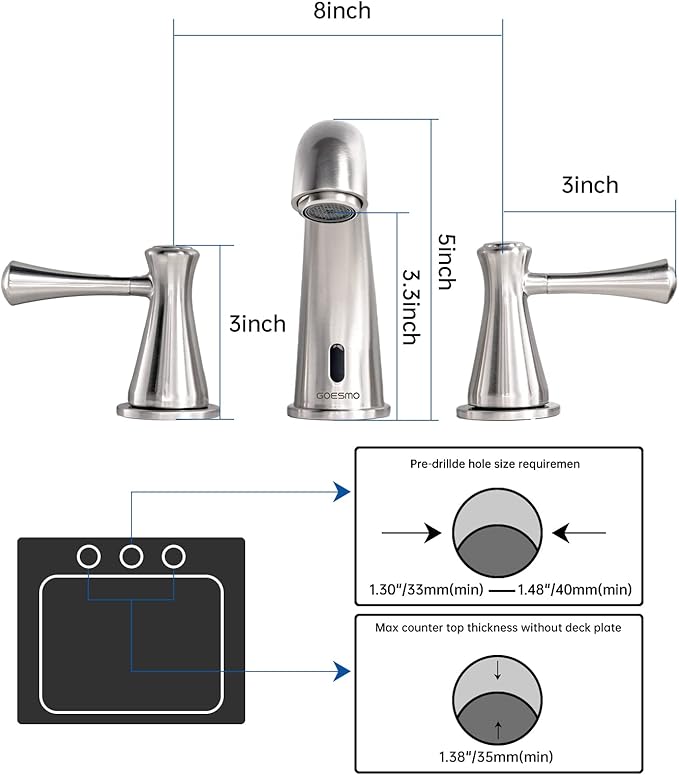 Touchless Bathroom Faucet for 3 Holes with 3 Handles, Controlling Temperature & Adjustable Water Flow, Short & Long Induction Modes, Auto Motion Sensor Brushed Nickel Bathroom Faucet Set 29180