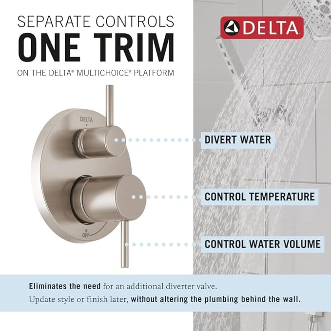 Delta Modern 14 Series Round Rain Shower System Faucet Set, Rainfall Brushed Nickel Shower Head and Handle Set, Valve Trim Kit, 10 Inch, Spotshield Stainless 342702-SP