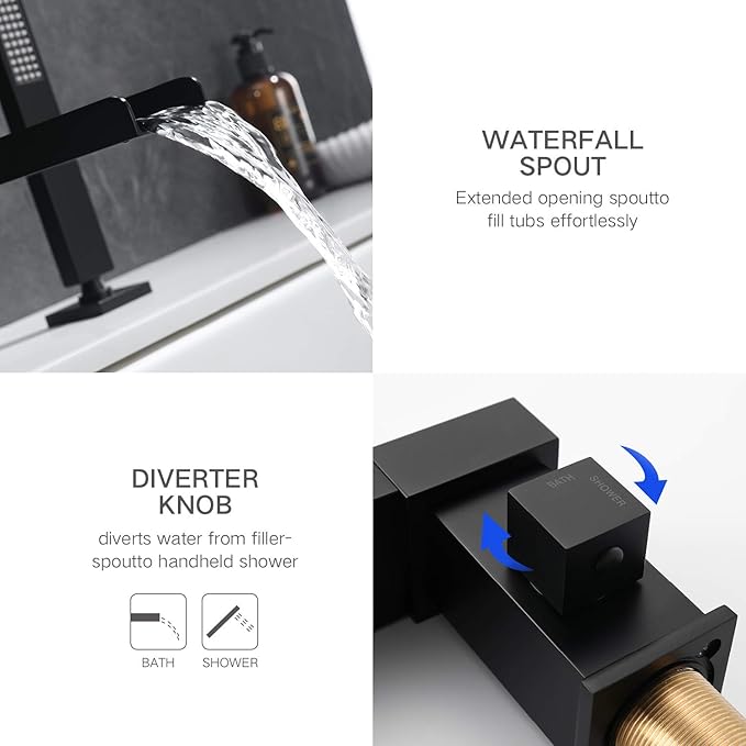 TapLong Waterfall Tub Filler Faucet with HandHeld Shower Widespread Roman Tub Faucet Set, Deck Mount 3-Holes Single-Handle Faucet in Matte Black, 03111B