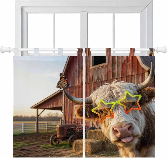 Farm Yaks Kitchen Curtains 45 Inch Length, Short Cafe Window Curtains Tab Top by Unknown