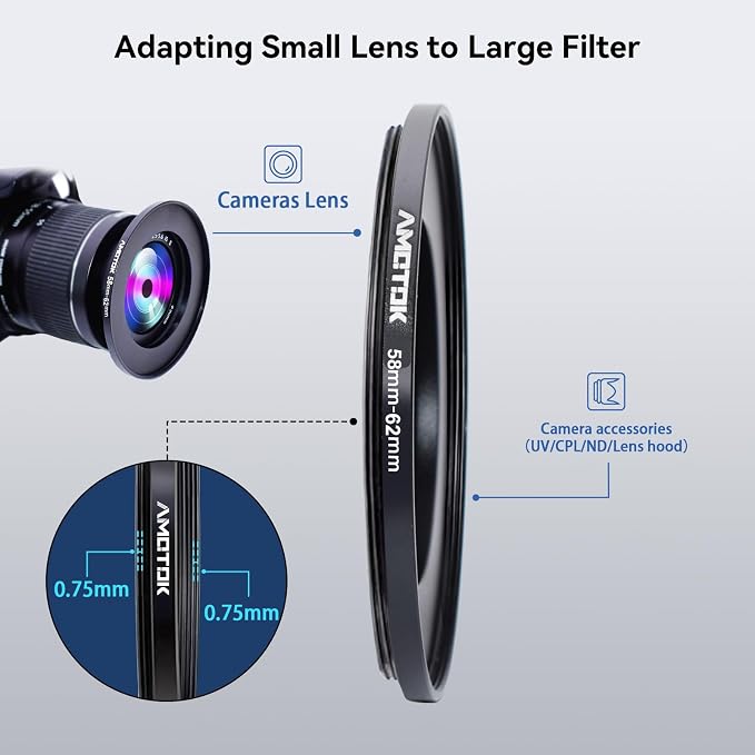 58mm to 62mm Camera Filters Ring Compatible All 58mm Camera Lenses to 62mm UV - Image 4