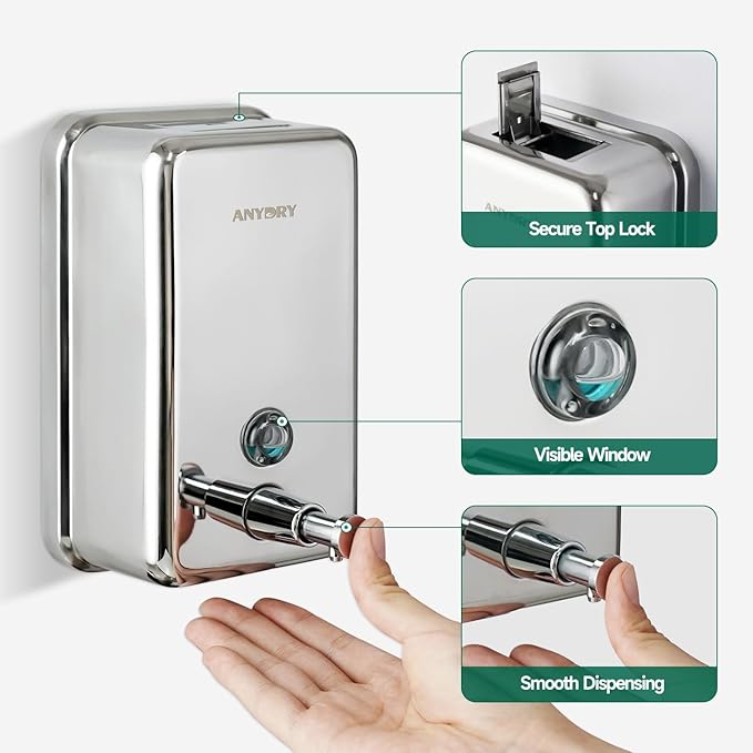 Commercial Manual Soap Dispenser, Durable Polished Stainless Steel Finish, 37oz (1100ml) Liquid, Wall-Mounted for Bathroom & Kitchen
