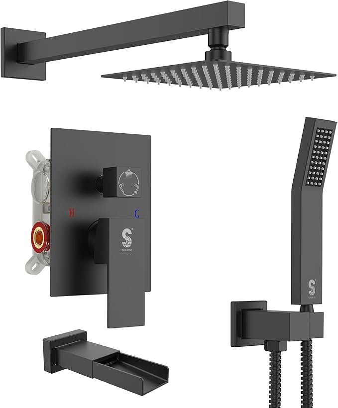SR SUN RISE 8 Inches All Metal Bathtub and Shower Faucet Combo Shower System with Tub Spout, Shower Tub Faucets Sets Complete Shower Head with Handheld Shower Fixtures, Valve Included, Matte Black