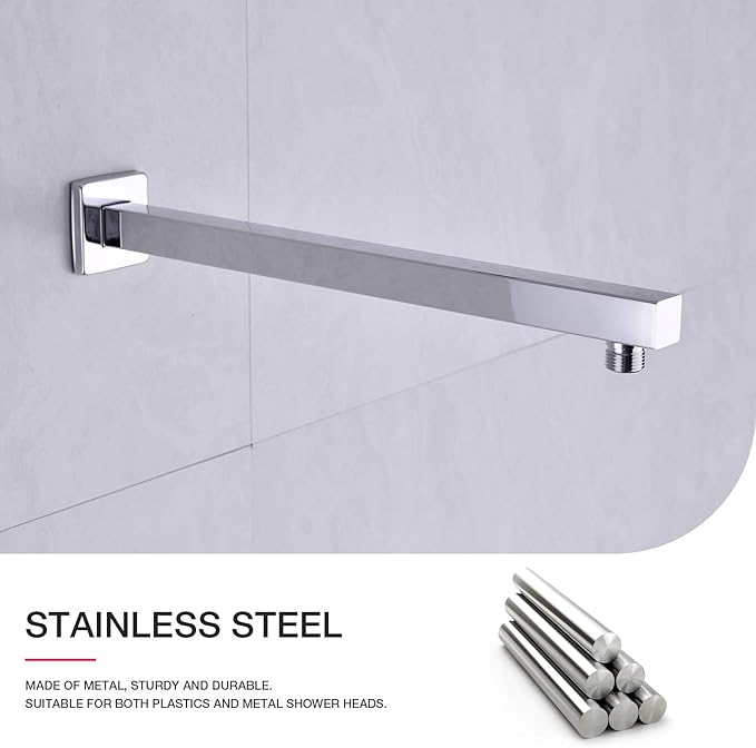 Shower Arm with Flange 16 Inch Stainless Steel Overhead Shower Extension Arm Bathroom Wall Mounted Pipe for Rainfall Showerhead, Chrome