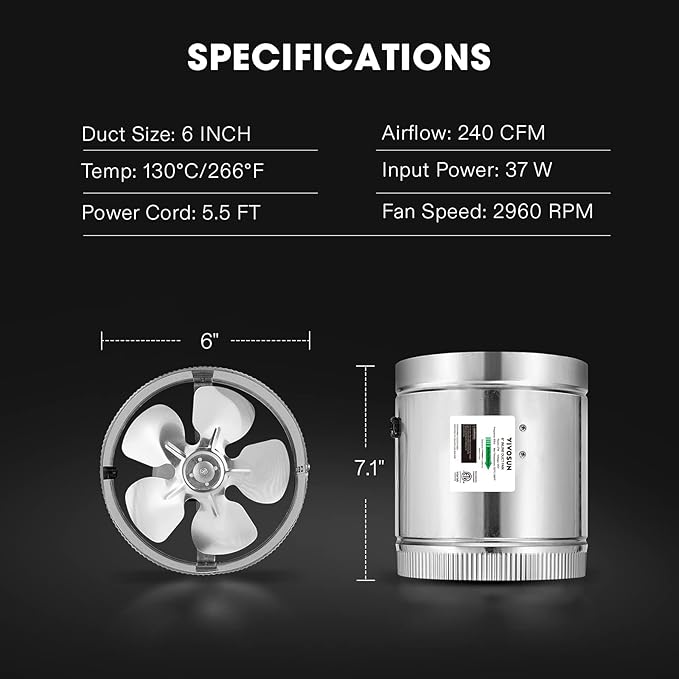 VIVOSUN 6 Inch Inline Duct Fan 240 CFM, HVAC Exhaust Ventilation Fan - Image 5