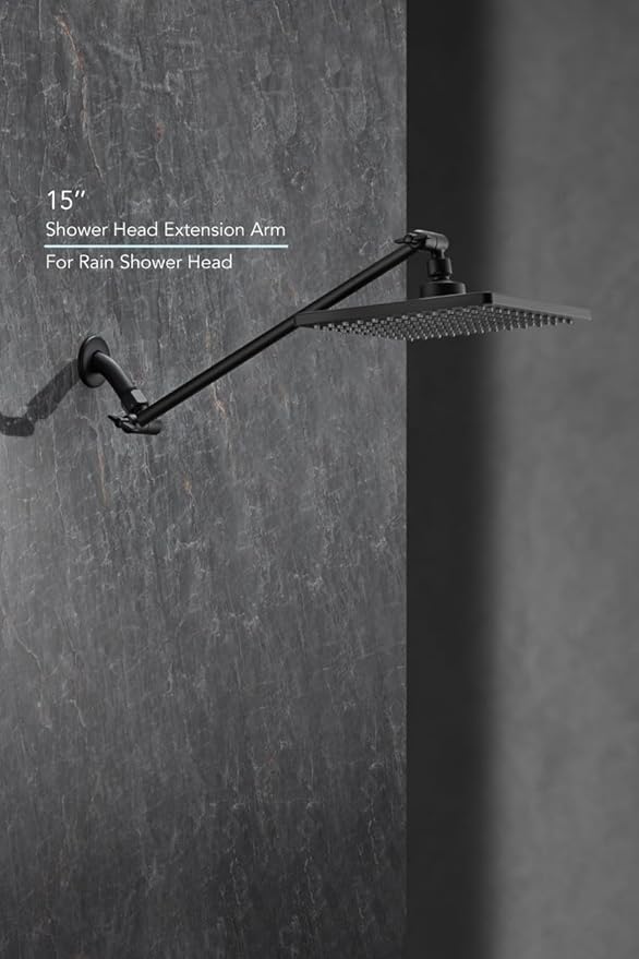 15 Inch Extra Long Adjustable Shower Head Extension Arm With Locking Set Screw, Singing Rain Brass Angle Height Adjustable, Easy To Install, G1/2 Universal Connector Compatible (Matt Black)