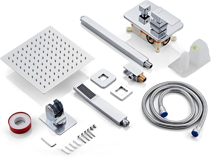 12 Inch Ceiling Mount Shower Faucet Set, Silver Rainfall Shower System with Valve Trim, Square Rain Shower Spray Combo Luxury Shower Fixtures Polish Chrome Shower Head and Handle Set