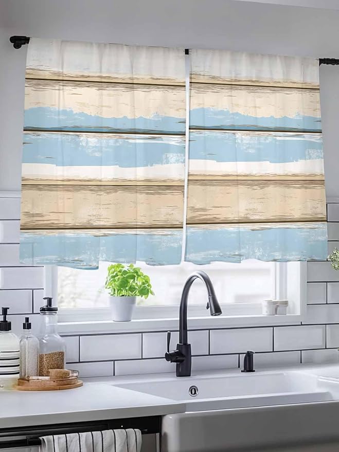 Sheer Curtains 54 Inch Length, Vintage Geometric Blue Semi Sheer Curtains Light - Image 5