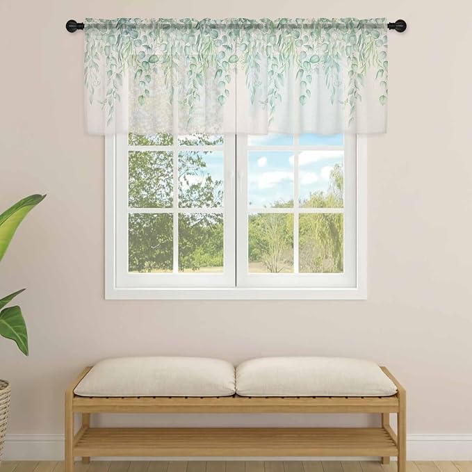 Green Leaf Sheer Valance Curtains, Eucalyptus Leaves Vintage Linen Texture - Image 4