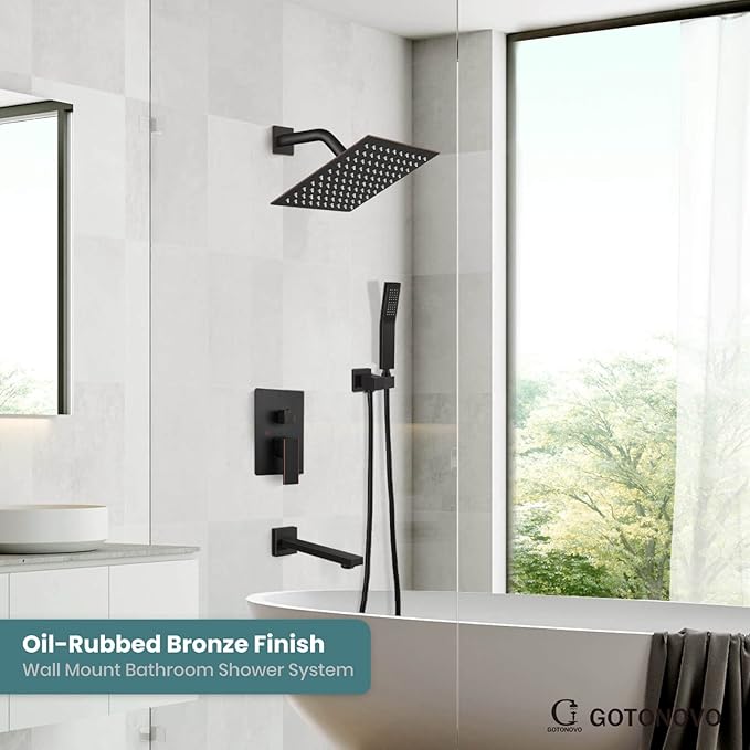 gotonovo Shower System with Tub Spout Wall Mounted Rain Shower Head and Handle Combo Shower Faucet Set with Valve, 8 Inch, Oil Rubbed Bronze