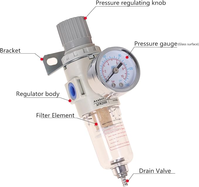 1/4"NPT Air Filter Regulator Combo Piggyback, Water-Trap Air Tool Compressor - Image 4