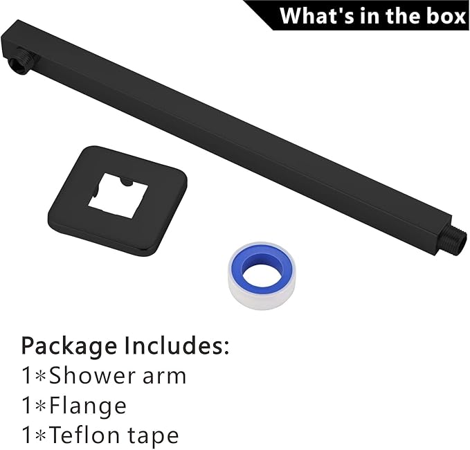 Voolan 20" Square Shower Arm with Flange and Teflon Tape, Extension Shower Head Arm for Bathroom Fixed Shower Head, Solid Stainless Steel, Wall Mounted (Matte Black)