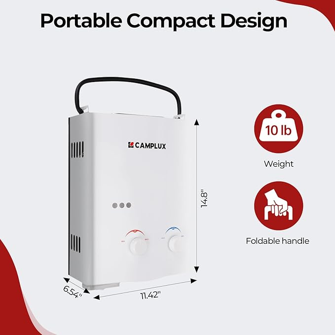CAMPLUX Propane Tankless Water Heater Outdoor, 1.32 GPM Camping Portable Water Heater with Pump Pack Kits, 5L, AY132P43, White