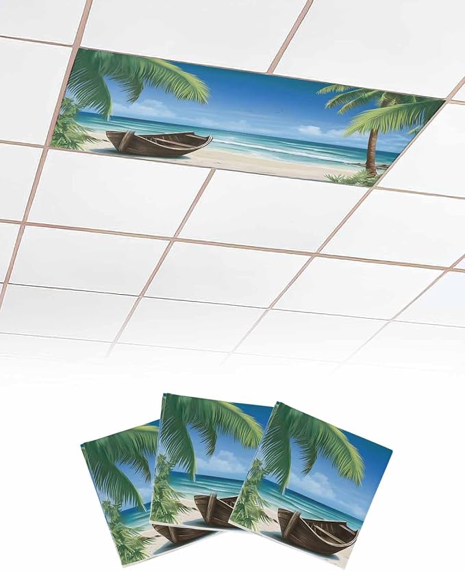 Summer 3 Pcs Fluorescent Light Covers, Ocean Beach Palm Tree Nautical Vessel by Gsypo