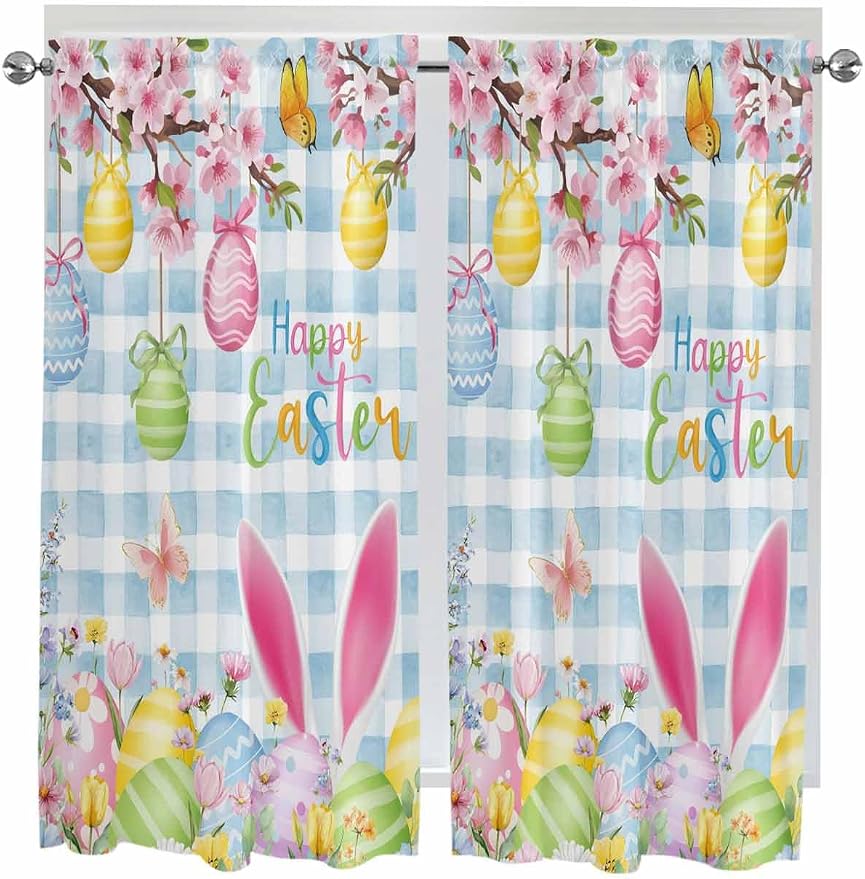 Happy Easter Bedroom Curtains 63 Inches length, Spring Watercolor Bunny Eggs by Unknown