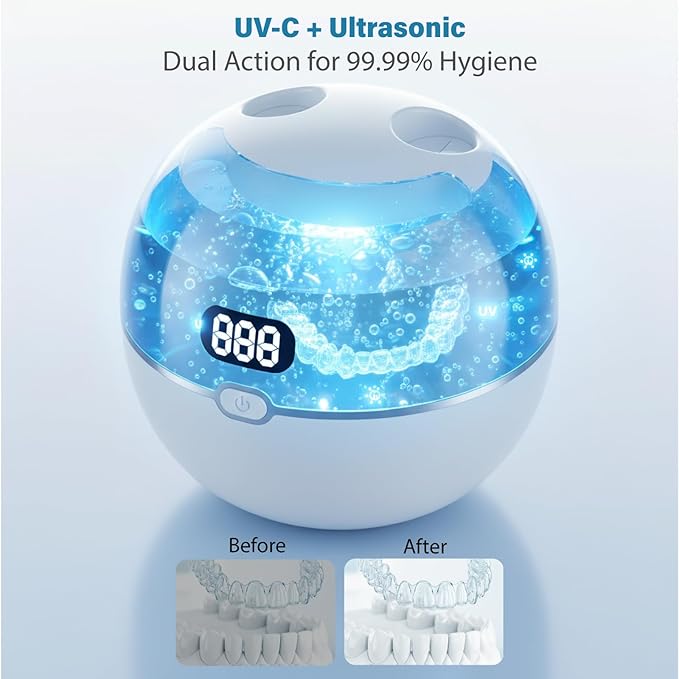 220ML Ultrasonic Retainer Cleaner Machine, 45kHz Dental Cleaning Pod for Denture WITH Digital Timer, Mouth Guard, Aligner, Night Guard, Braces, Toothbrush Heads, Jewelry