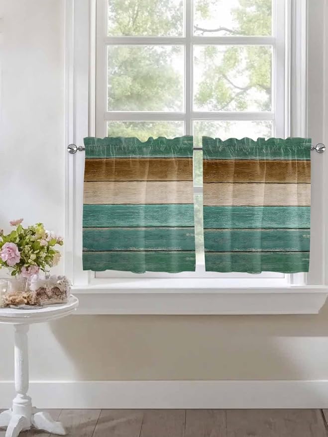 Vintage Plank Turquoise Brown Window Valance Curtains, Farmhouse Wood Grain - Image 5