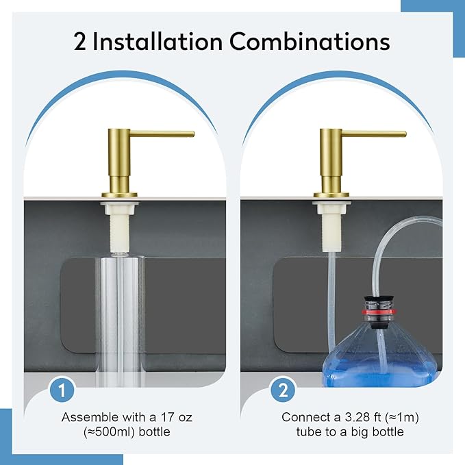 Kitchen Sink Soap Dispenser with 17 OZ Bottle and 40" Extension Tube Kit, Stainless Steel Built-in Soap Dispenser for Kitchen Sink or Countertop, in or Under Sink Installation, Brushed Gold