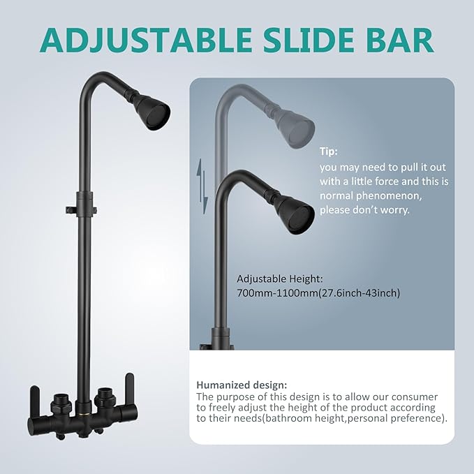 Aolemi Outdoor Shower Fixtures Outdoor Shower Kit Faucet System 3 Inch Center 2 Handle Exposed Shower with Brass Mix Valve with Adjustable Bar Pipe Upward Matte Black