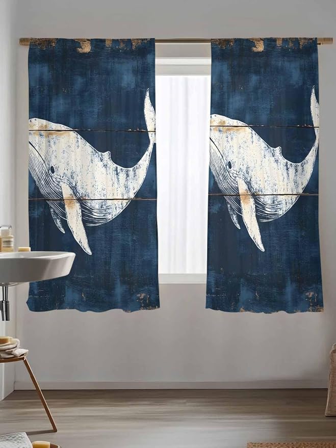 Sheer Curtains 72 Inches Long, Ocean Whale Blue Semi Sheer Curtains Light - Image 5
