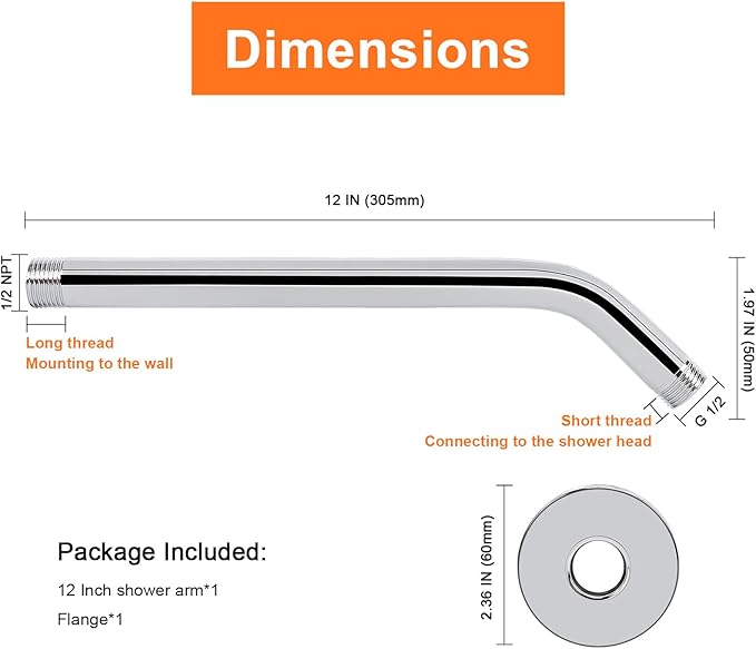 HarJue Shower Arm with Flange and Teflon Tape, Wall Mounted Shower Pipe 304 Stainless Steel Extension Arm for Fixed Shower Head & Handheld (12 Inches, Chrome)