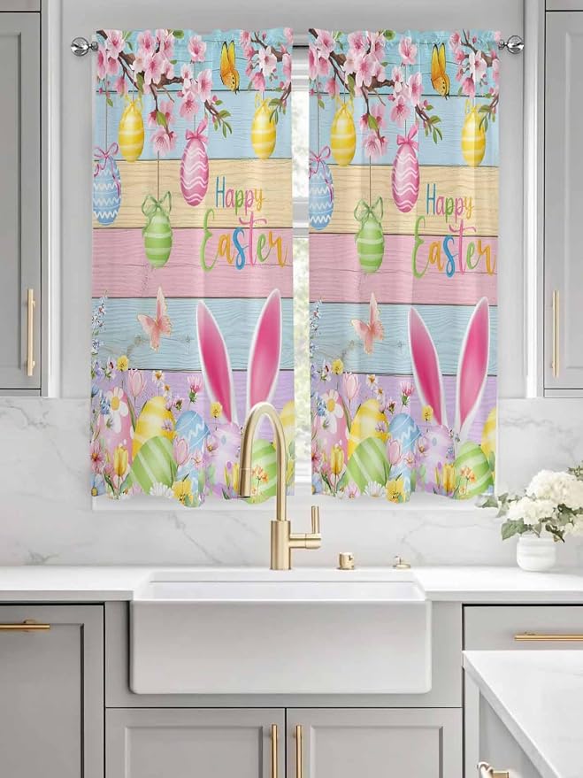 Colorful Easter Bedroom Curtains 63 Inches length, Spring Watercolor Bunny Egg - Image 3