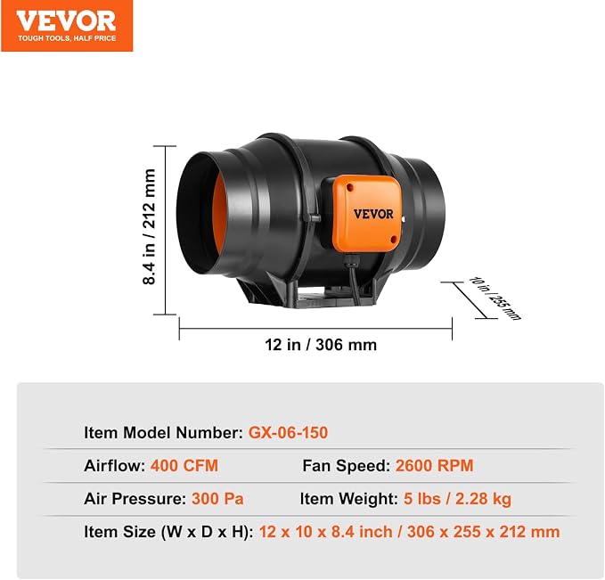 VEVOR Inline Duct Fan, 6-Inch 400 CFM - Image 7