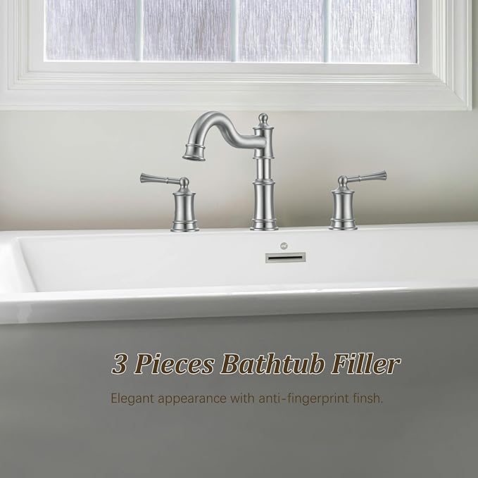Roman Tub Faucet Classic Widespread Deck Mount Bathtub Faucet 3 Holes Brass High Flow Tub Filler, Rough in Valve Included, Brushed Nickel