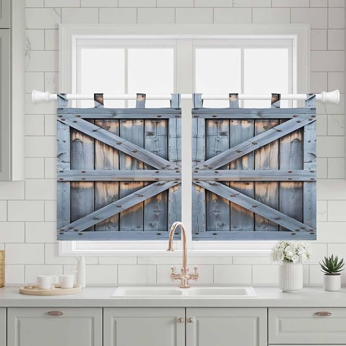 Farmhouse Wood Grain Kitchen Curtains 24 Inch Length, Small Window Curtains Tab - Image 3