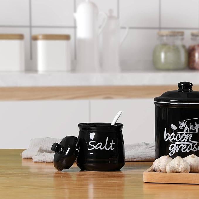 ONTUBE Ceramic Salt Bowl with Lid and Spoon 12oz (Black)