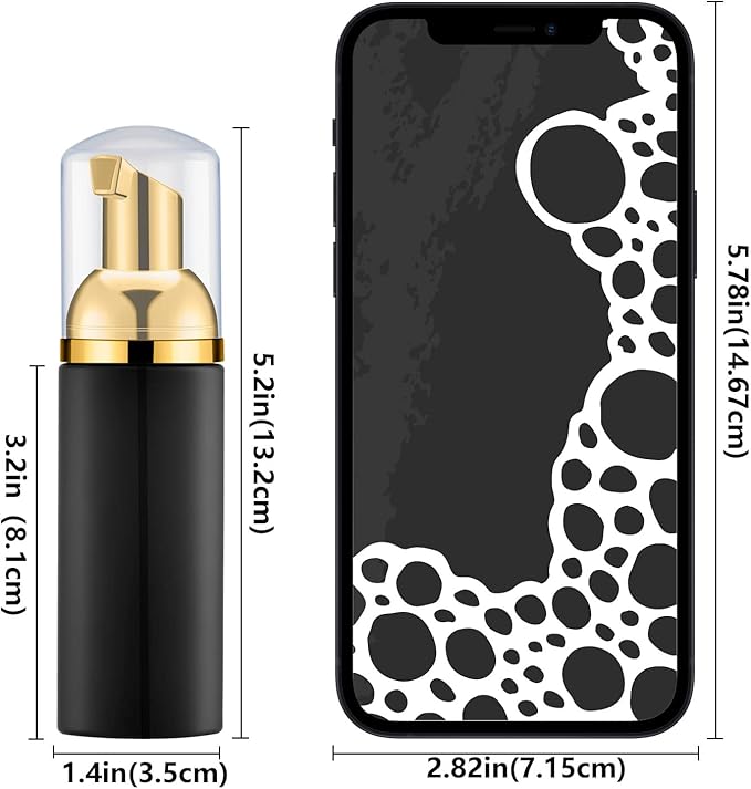 2 Oz Foam Pump Bottle (12PCS). Empty Foaming Soap Dispenser for Refillable Travel Liquid Hand Soap, Body Wash, Eyelash Shampoo. BPA Free Mini Pocket Size(Black&Gold Pump&Clear Cap)