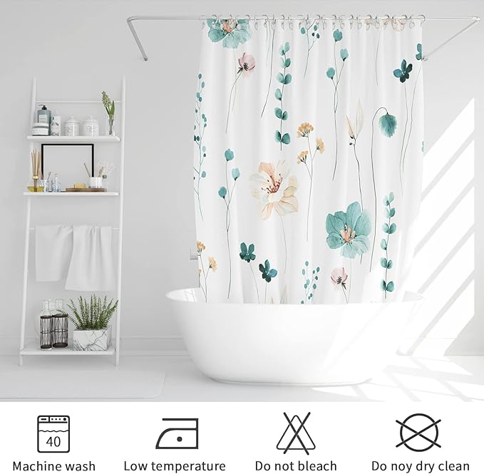 Gibelle Small Stall Shower Curtain 36 x 72, Narrow Half Watercolor Floral Fabric Shower Curtain, Teal Beige Flower Decorative Bathroom Shower Curtain Set