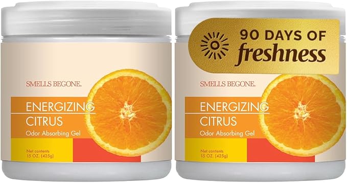 SMELLS BEGONE Air Freshener Odor Absorber Gel - 15 oz, Pack of 2 - Absorbs and Eliminates Odor in Pet Areas, Bathrooms, Cars, & Boats - Made with Essential Oils - Energizing Citrus Scent
