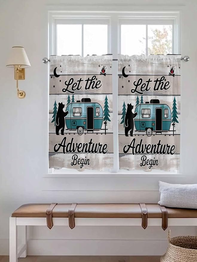 Farmhouse Bear Camper Van Tree Window Valance Curtains, Vintage Wood Grain - Image 2