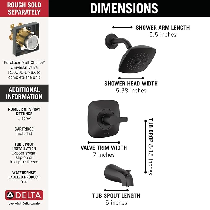 Delta Faucet Modern 14 Series Matte Black Shower Faucet, Tub and Shower Trim Kit with Single-Spray Touch-Clean Black Shower Head, Matte Black T144339-BL-PP (Valve Not Included)