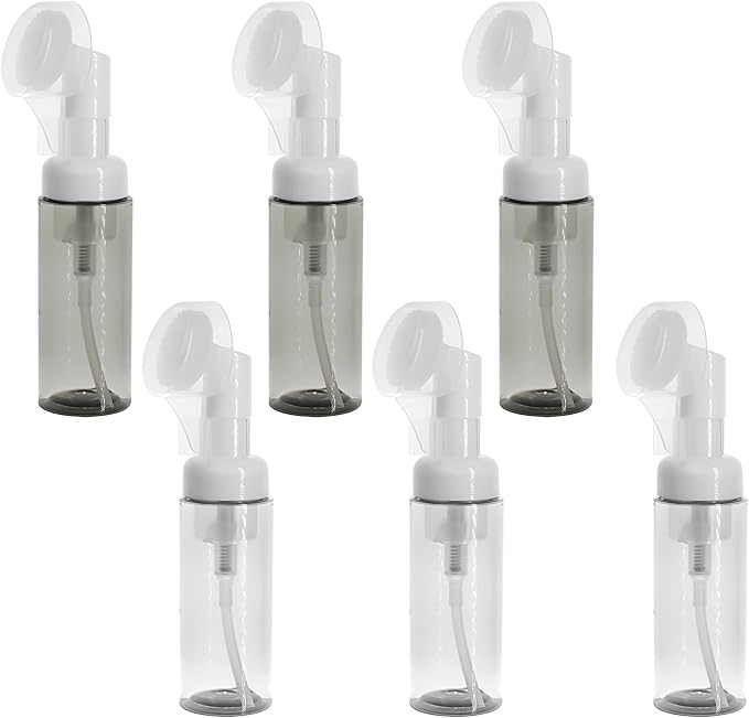 6PCS Foam Bottle with Brush, Empty Foaming Pump Dispenser Small Face Cleanser Empty Bottles with Brush Head Pressure Type for Facial Wash and Gel Cleansing Milk Beater 2oz