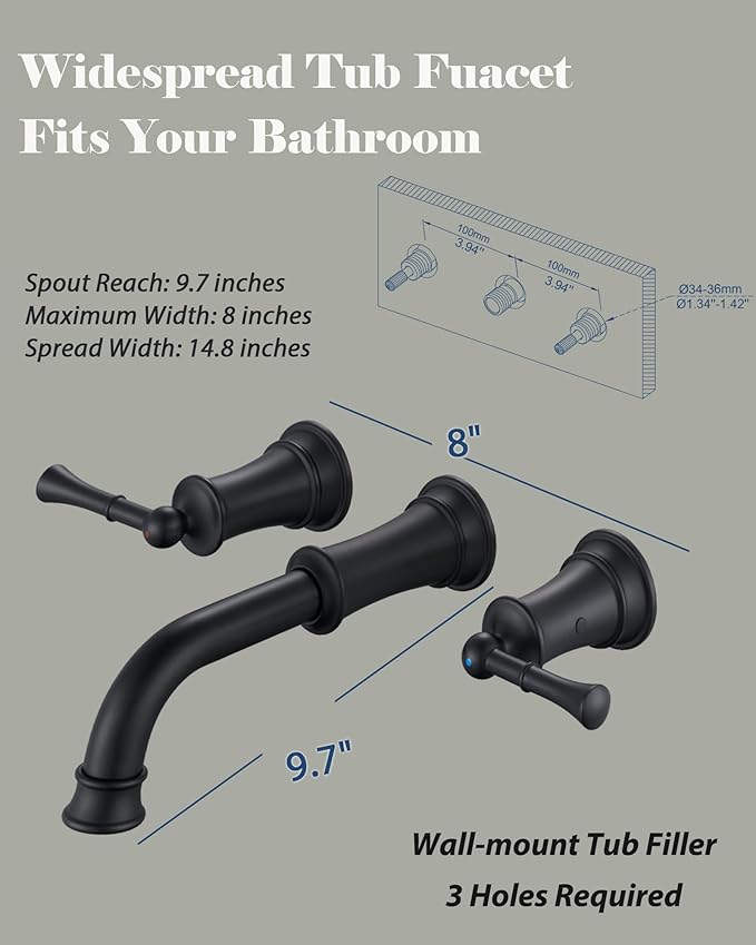 High Flow Wall Mount Tub Filler with Rough-in Valve, Wall Mount Tub Faucet, Brass Roman Bathtub Faucet 2 Handle with 360° Swivel Spout, Matte Black(B2306-BK)