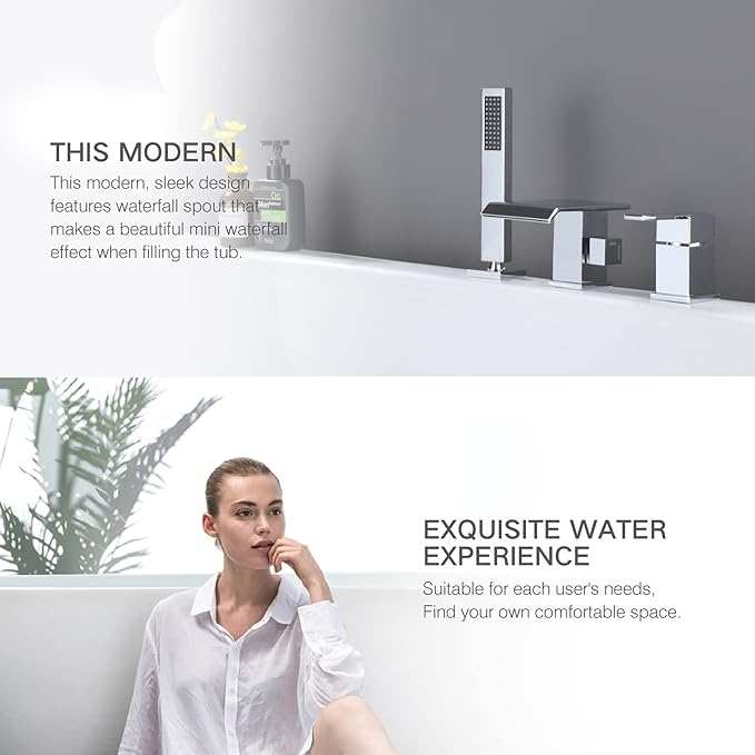 TapLong Modern Roman Tub Faucet with Hand Shower, Waterfall Deck Mount Bathtub Filler Faucet with Sprayer, Widespread 3 Holes Tub Shower Faucet Set in Polished Chrome, 02763CH