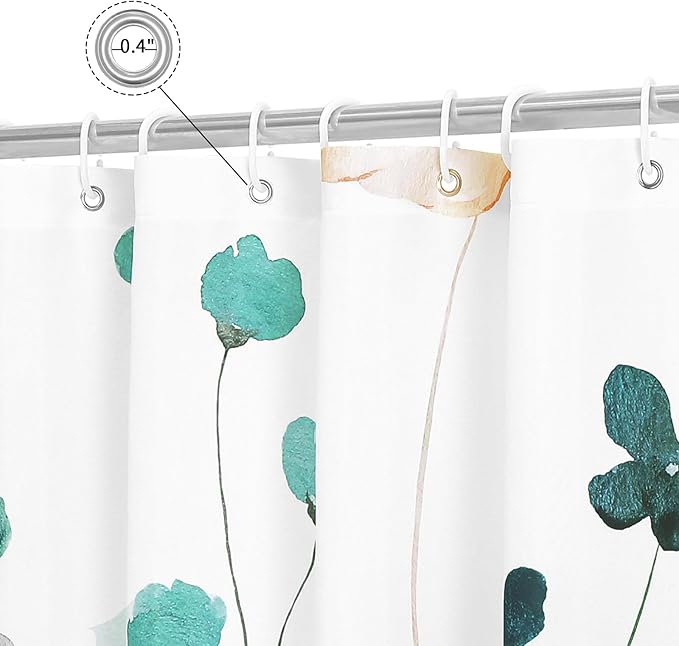 Gibelle Long Shower Curtain 72 x 78, Watercolor Floral Fabric Shower Curtain, Teal Beige Flower Decorative Bathroom Shower Curtain Set