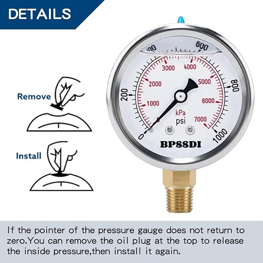 0-1000 Psi Glycerin Liquid Filled Hydraulic Pressure Gauge, 2.5" Dial Size - Image 4
