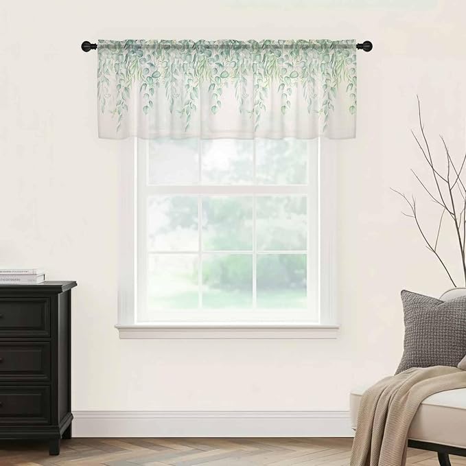 Green Leaf Sheer Valance Curtains, Eucalyptus Leaves Vintage Linen Texture - Image 5