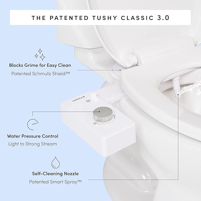 TUSHY Classic 3.0 Bidet Toilet Seat Attachment - A Non-Electric Self Cleaning Water Sprayer with Adjustable Water Pressure Nozzle, Angle Control & Easy Home Installation (Bamboo Knob)