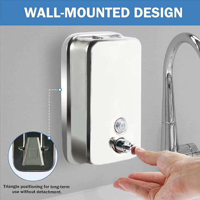 2 Pack 1000ml Hand Soap Dispenser, Commercial Soap Dispenser Wall Mounted, Stainless Steel Refillable Soap Liquid Dispenser for Bathrooms, Toilets, Hotels, Restaurants (Silver)