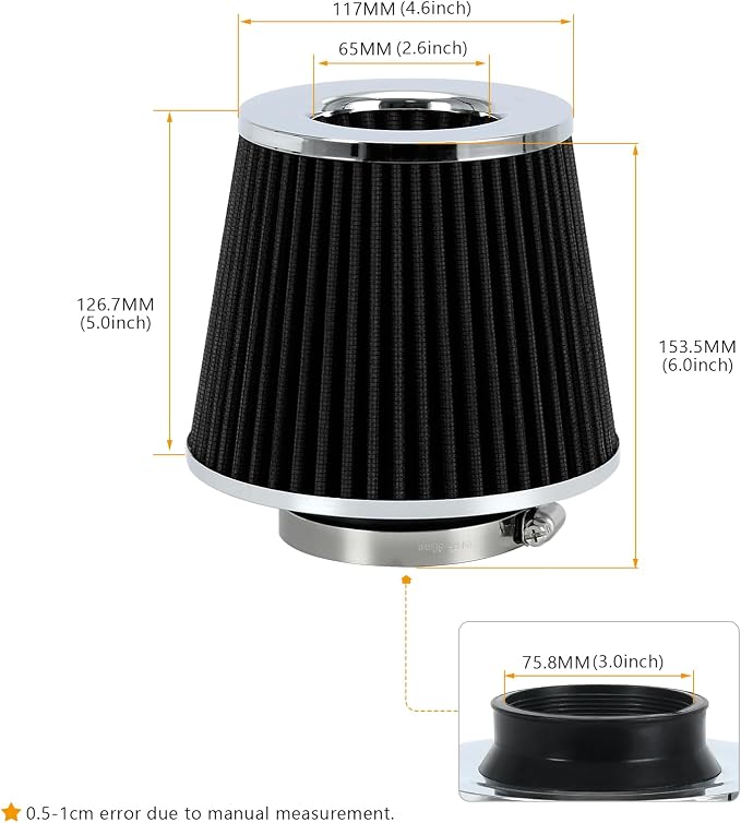 PTNHZ Universal Black 3" 76mm High Flow Cold Air Intake Cone Air Filter Power - Image 5