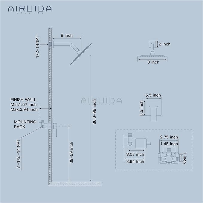 Airuida Shower Faucet Set Bathroom Rain Shower System SUS304 Stainless Steel Single Handle With Male Threads Rough-in Valve Shower Trim Kit 8 Inch Wall Mount Shower Head Chrome Polish