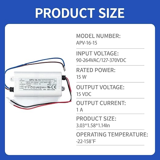 APV-16-15 15W Single Output Enclosed Switching Power Supply, 15V 1A, 90-264VAC - Image 2