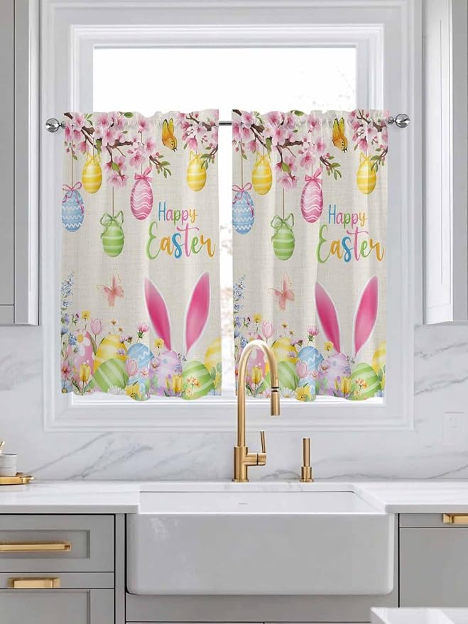 Happy Easter Kitchen Curtains 54 Inches Length, Spring Farmhouse Bunny Eggs - Image 3