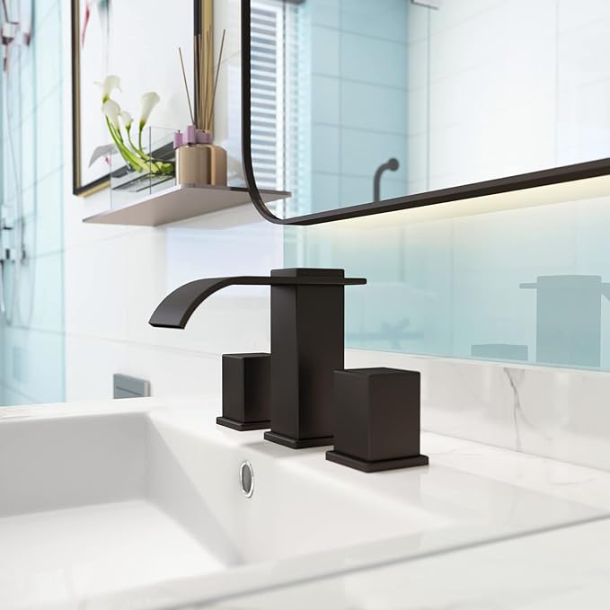 Luxury Brass 8 Inch Spread Modern Widespread Waterfall Bathroom Sink Faucets with Copper Valve for 3 Hole 2-Handle Deck Bathroom Vanity Faucet, &Stainless Steel Pop-up Drain Assembly, Matte Black