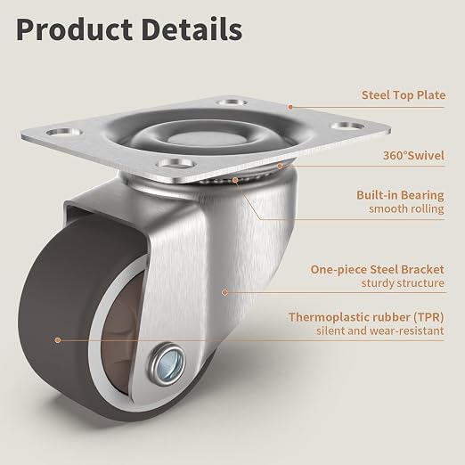 1" Mini Low Profile Swivel Plate Casters, TPR Furniture Wheels | 88lbs Load - Image 3
